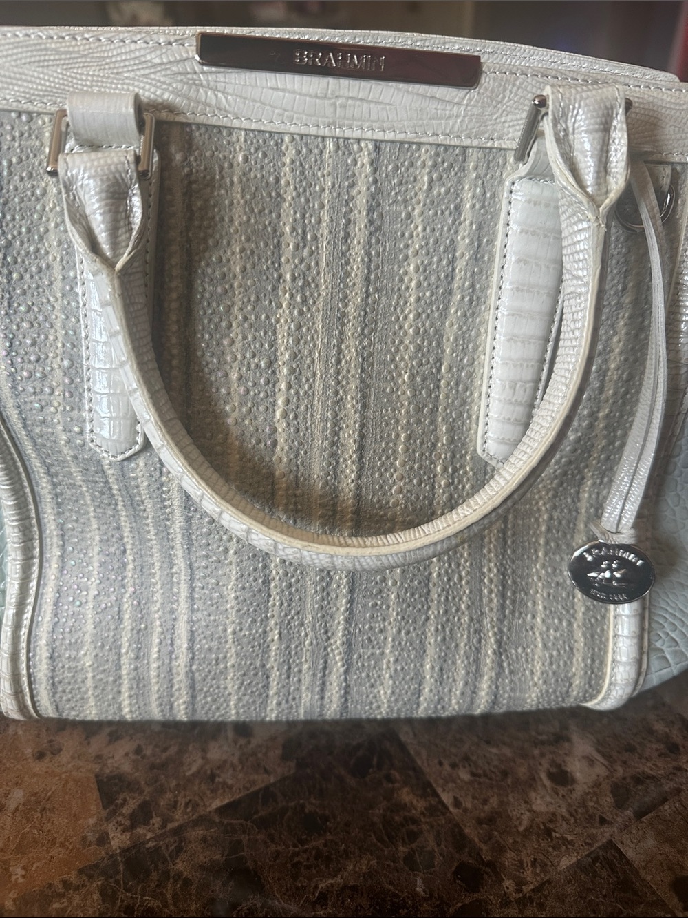Brahmin Ivory Textured Tote with Embossed Trim